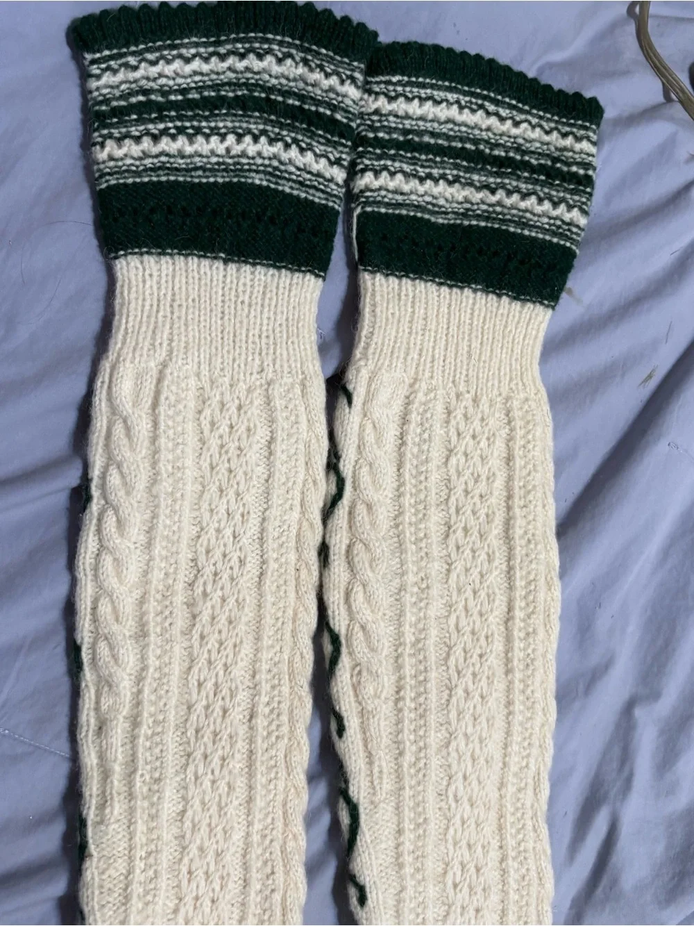 Cream Cable-Knit Arm Warmers with Dark Green Trim